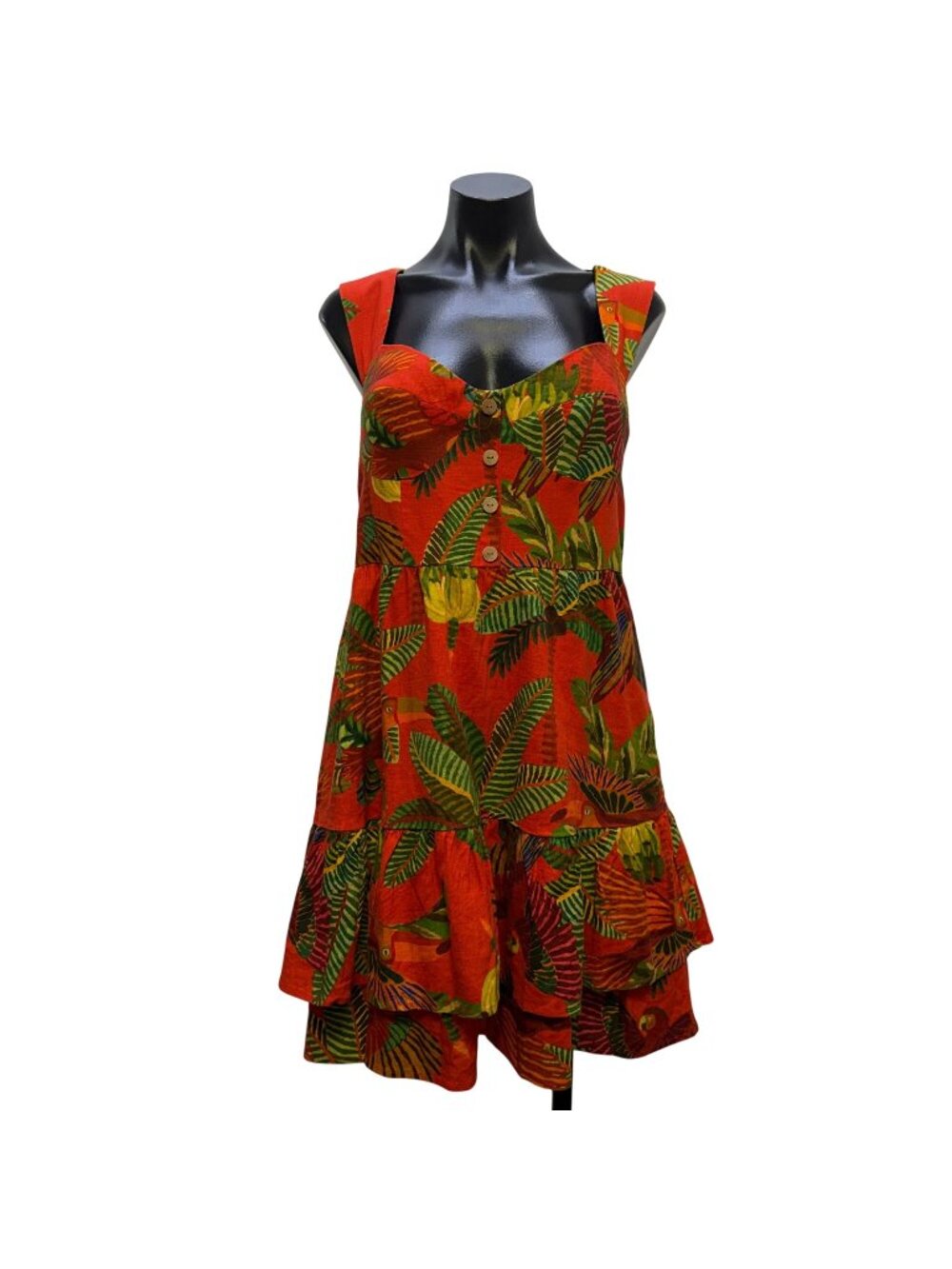 Farm Rio Linen Tropical Print Button-Front Red Green Midi Dress L